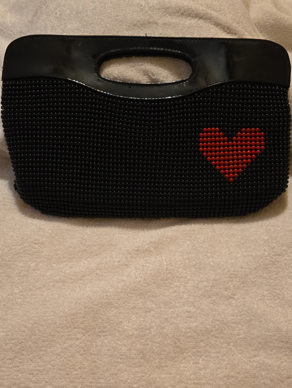 B.Bag Black Seed Bead Handbag with Red Heart Accent & Cutout Top Handle